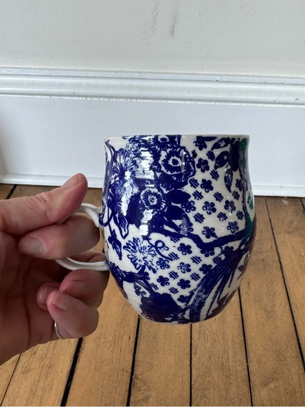 Anthropologie Homegrown Blue Floral Bird Print K Initial Monogram Letter Mug - Picture 3 of 5